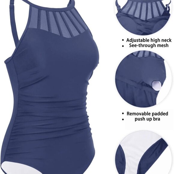 Women Tummy Control One Piece Swimsuit Grey Blue M - Picture 3 of 5